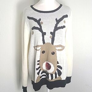 🎅Holiday Time Reindeer Sweater, Off-White Black Trim, Tan, Red Nose, Size XL